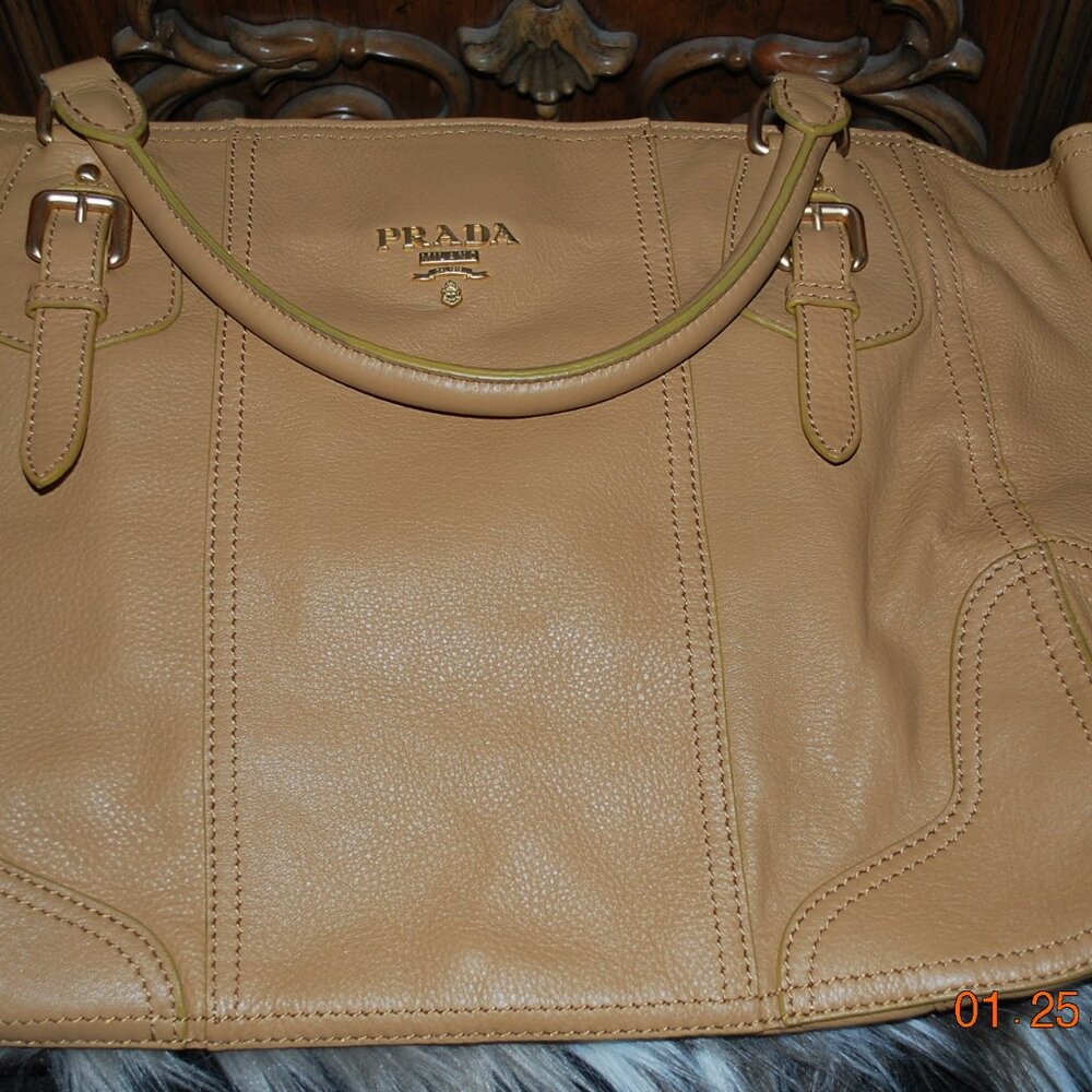 Prada New Elegant Tan/Gold Handbag with Handles and Crossbody Straps